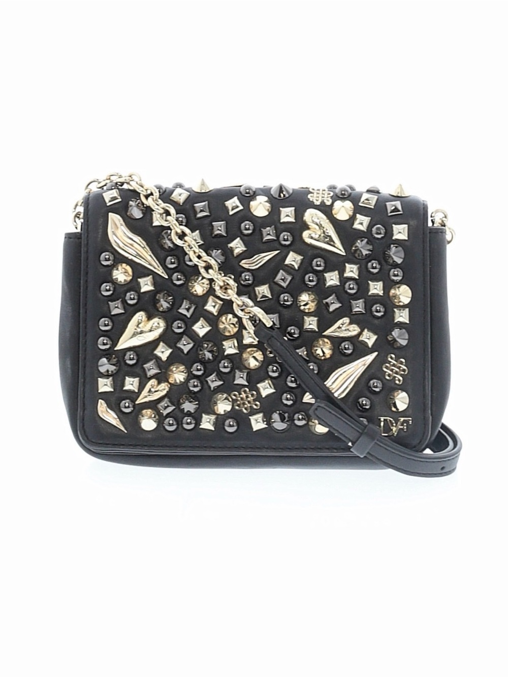 Diane Von Furstenberg 440 Black Leather Studded Crossbody with Gold Accents